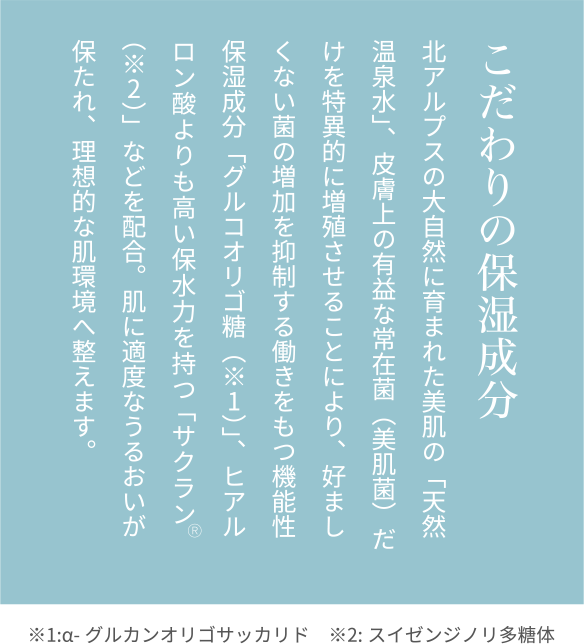 こだわりの保湿成分 北アルプスの大自然に育まれた美肌の「天然温泉水」、皮膚上の有益な常在菌（美肌菌）だけを特異的に増殖させることにより、好ましくない菌の増加を抑制する働きをもつ機能性保湿成分「グルコオリゴ糖（※1）」、ヒアルロン酸よりも高い保水力を持つ「サクラン（※2）」などを配合。肌に適度なうるおいが保たれ、理想的な肌環境へ整えます。